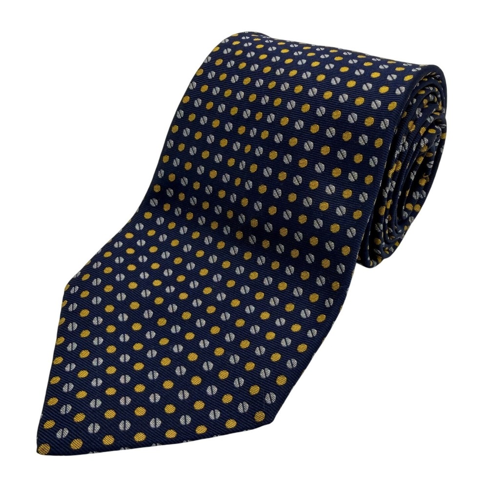 Lauren Ralph Lauren Mens Silk Tie Navy‎ Blue Gold Geometric Dot Made in USA